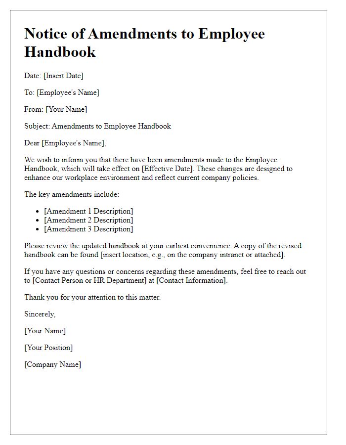 Letter template of Notice for Handbook Amendments