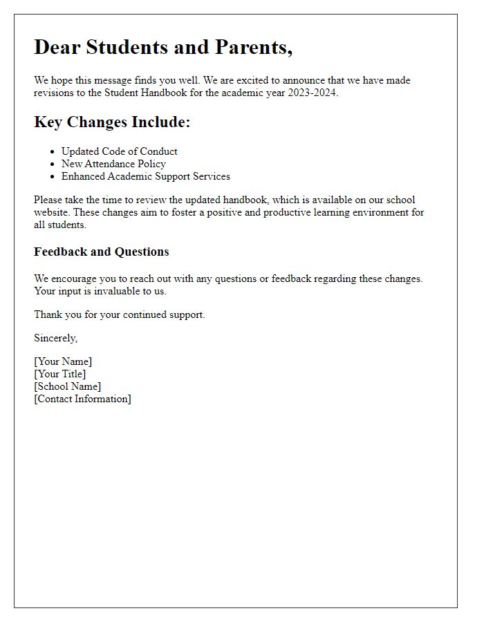 Letter template of Revised Student Handbook Information