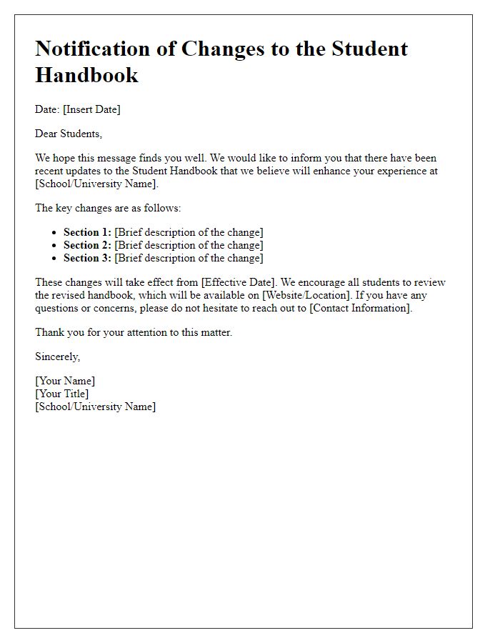 Letter template of Student Handbook Changes Notification