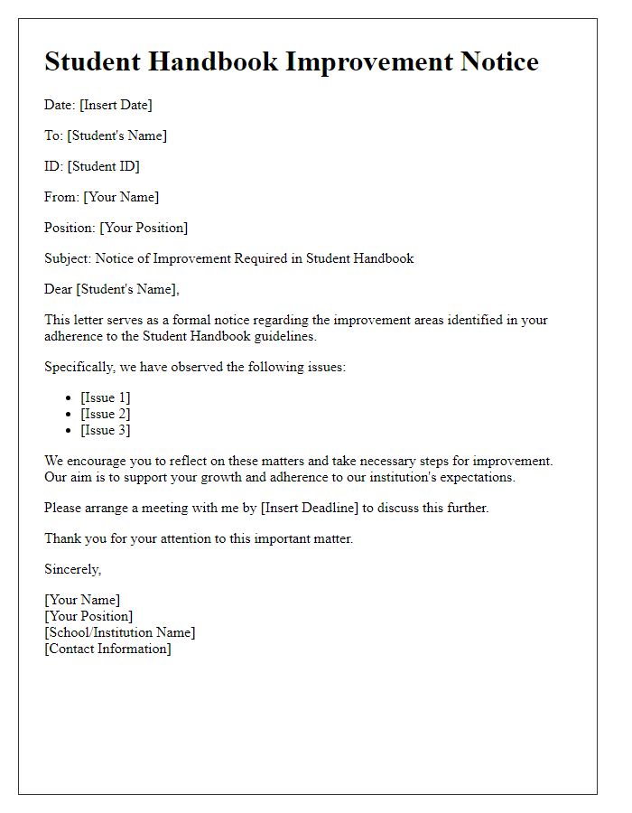 Letter template of Student Handbook Improvement Notice