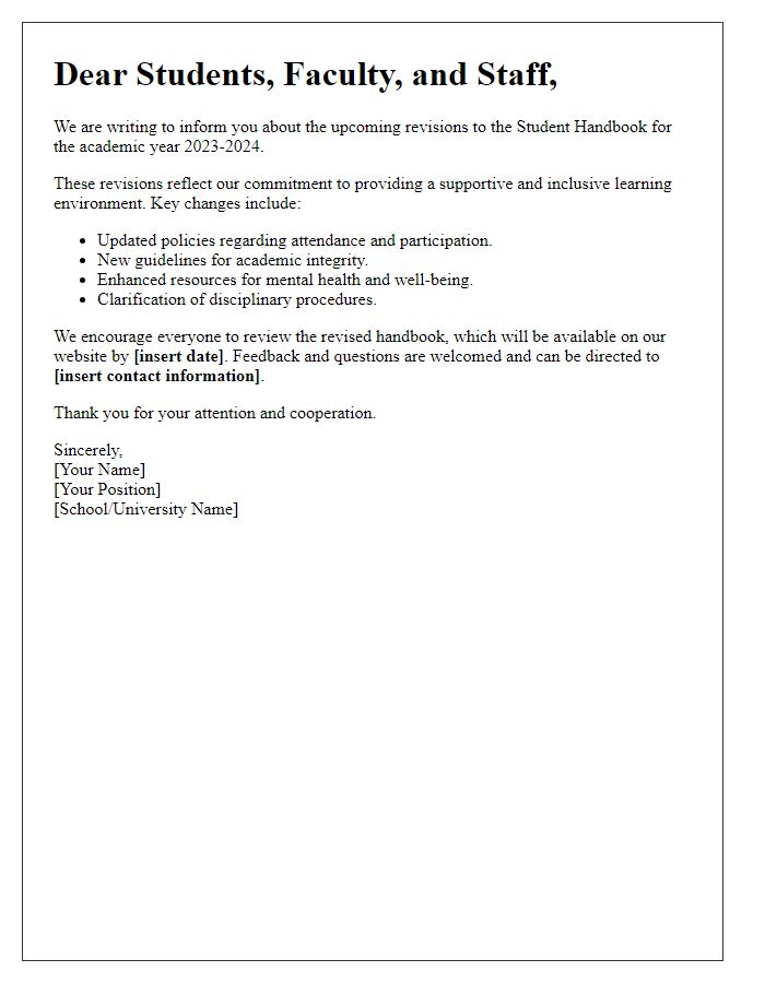 Letter template of Student Handbook Revision Announcement