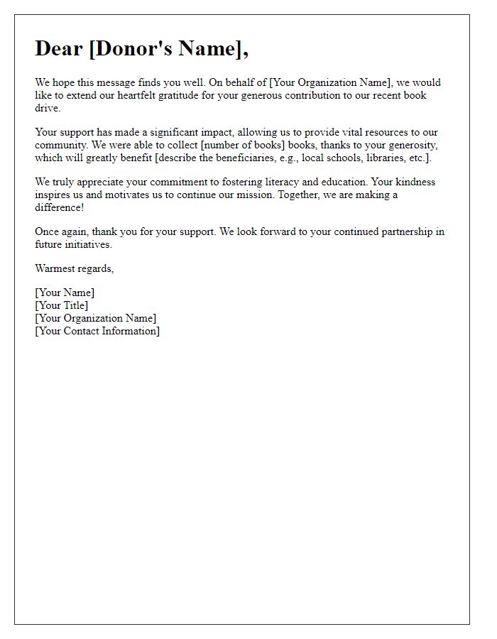 Letter template of appreciation for donors contributing to our book drive.