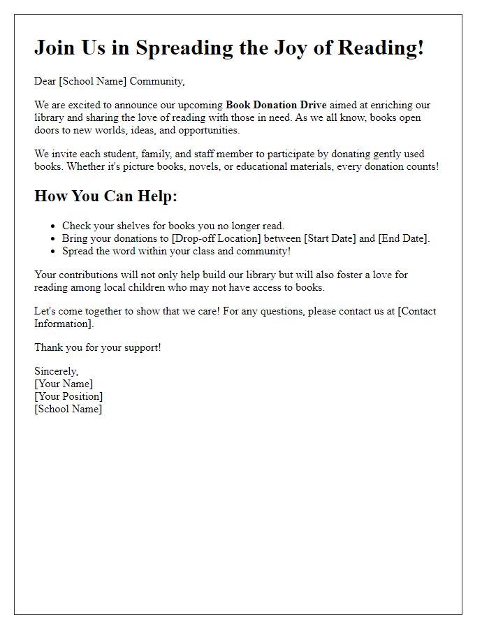 Letter template of call-to-action for schools to engage in book donations.