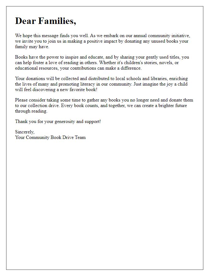 Letter template of encouragement for families to donate unused books.