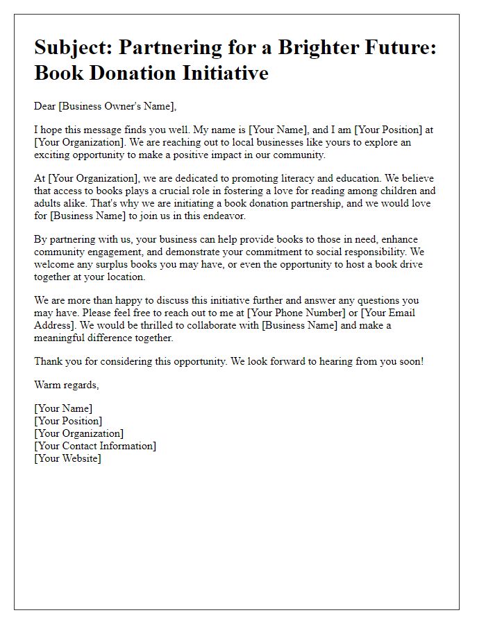 Letter template of outreach to local businesses for book donation partnerships.