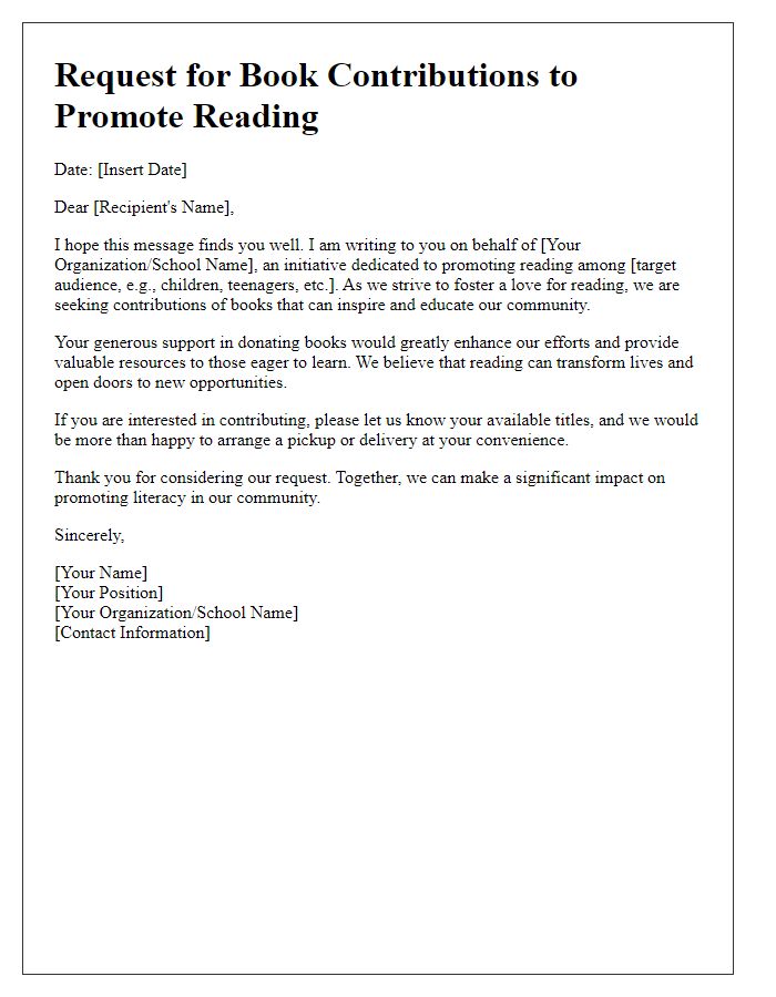 Letter template of request for book contributions to promote reading.