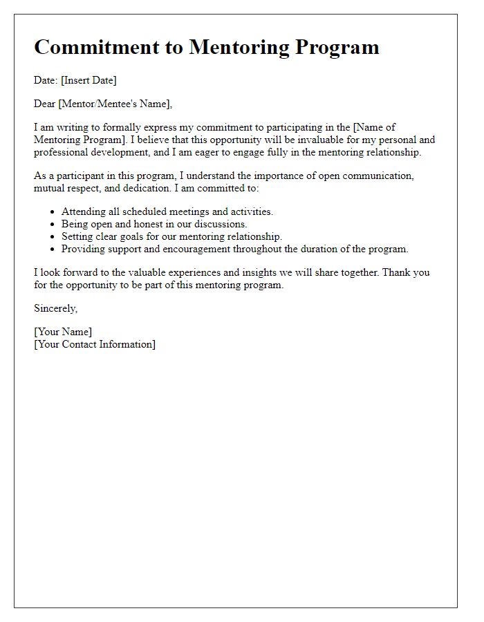 Letter template of commitment to mentoring program engagement