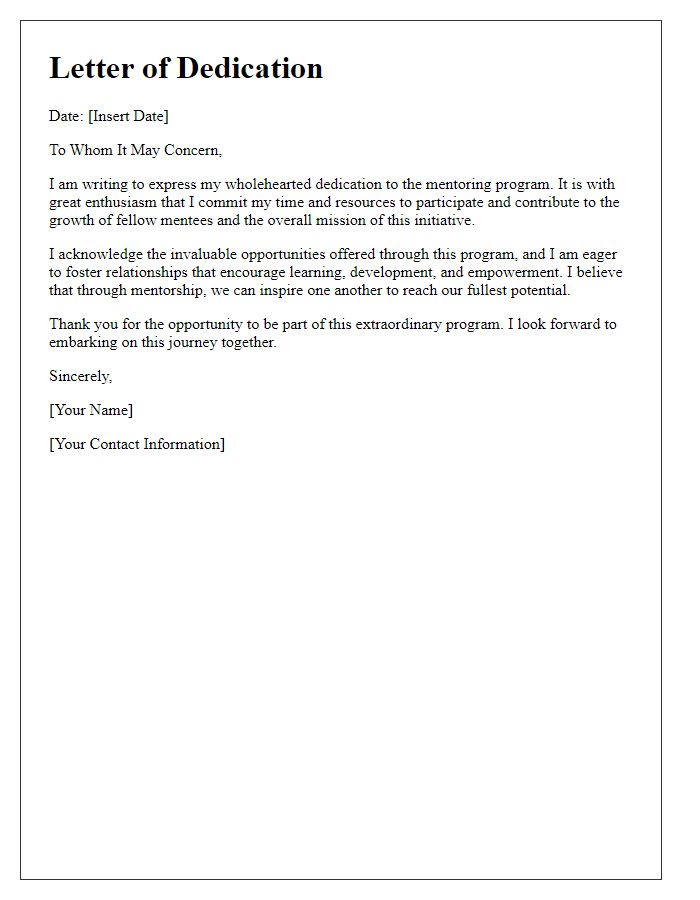 Letter template of dedication to mentoring program participation