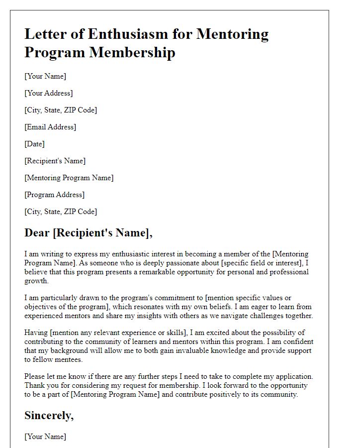 Letter template of enthusiasm for mentoring program membership