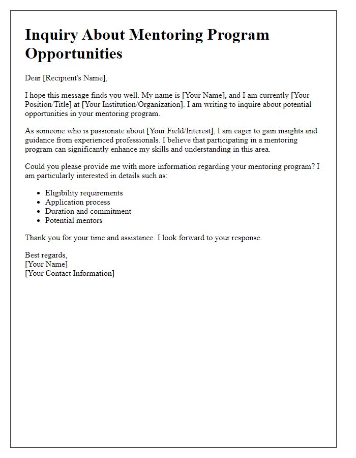 Letter template of inquiry about mentoring program opportunities