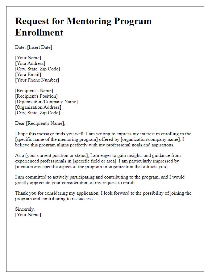 Letter template of request for mentoring program enrollment