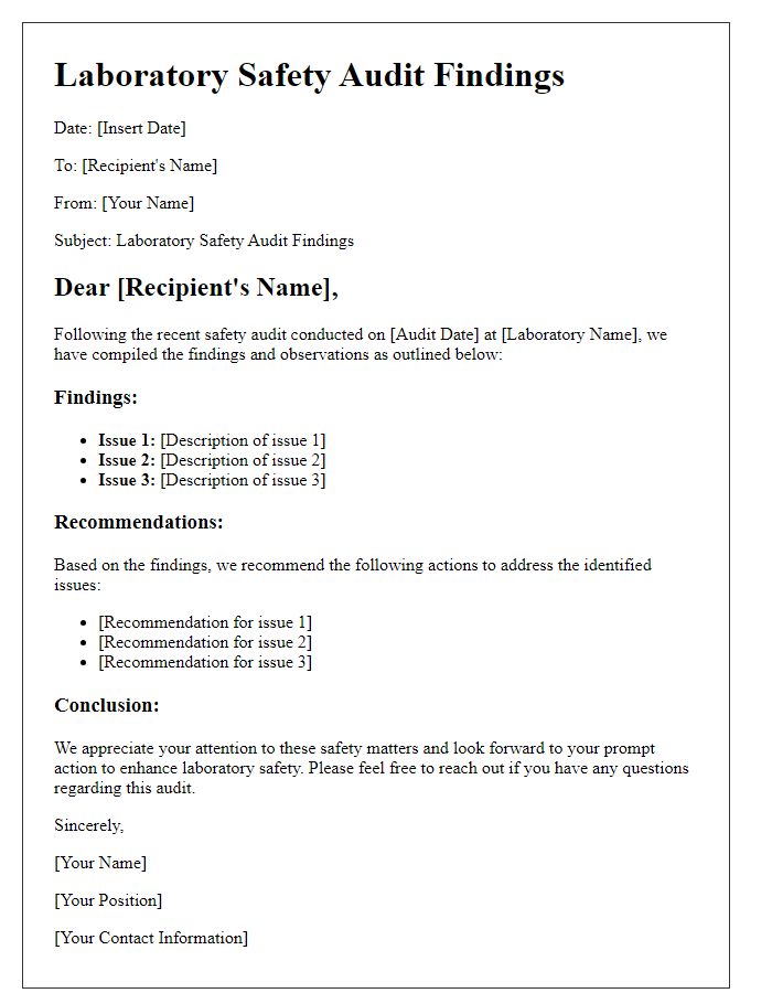 Letter template of laboratory safety audit findings