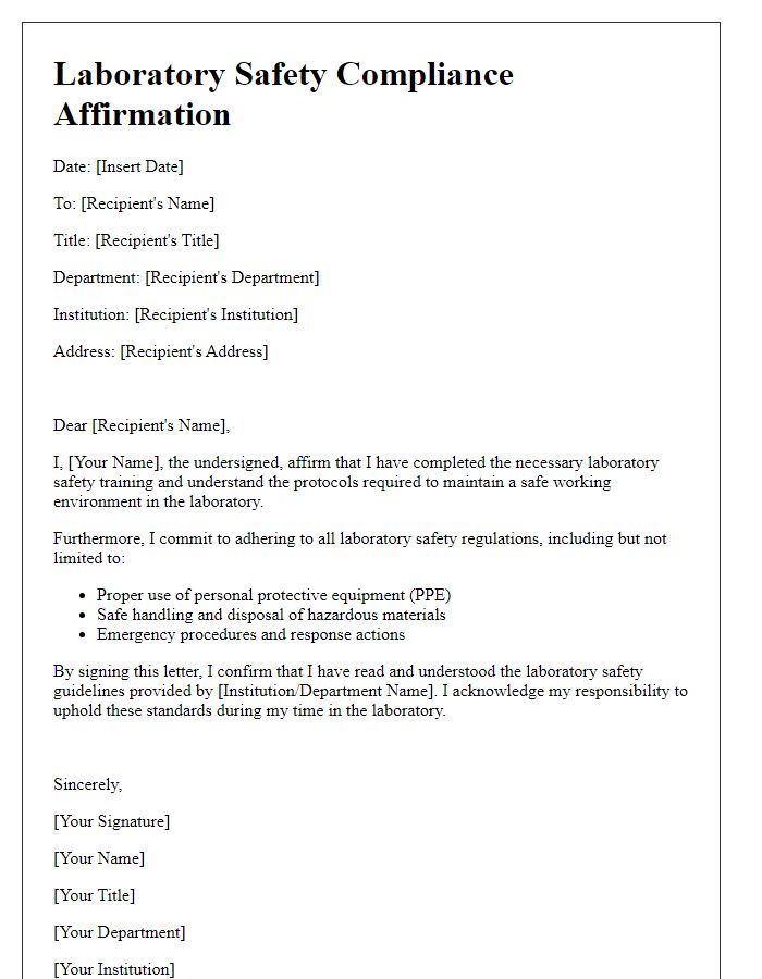 Letter template of laboratory safety compliance affirmation