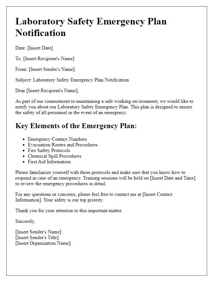 Letter template of laboratory safety emergency plan notification