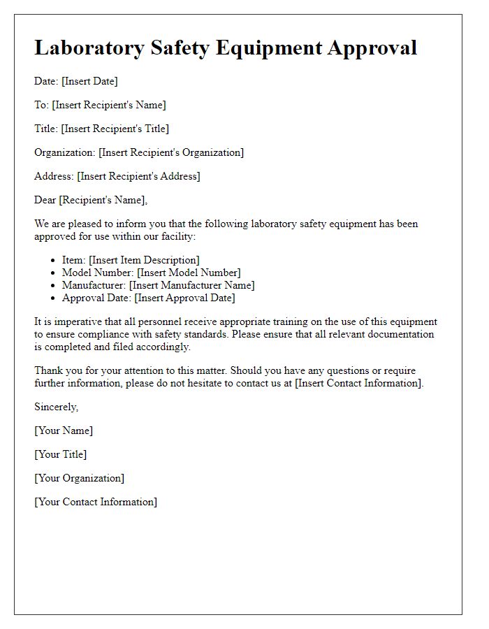 Letter template of laboratory safety equipment approval