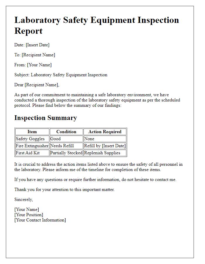 Letter template of laboratory safety equipment inspection