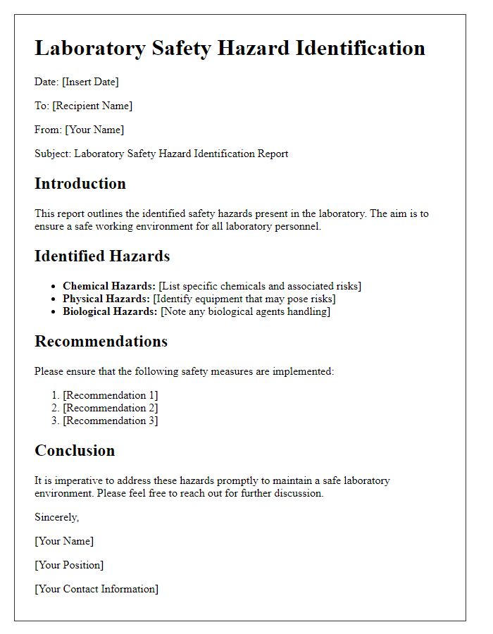 Letter template of laboratory safety hazard identification