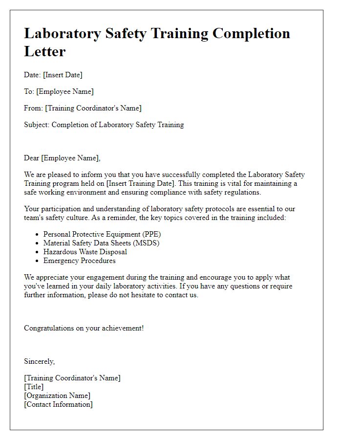 Letter template of laboratory safety training completion