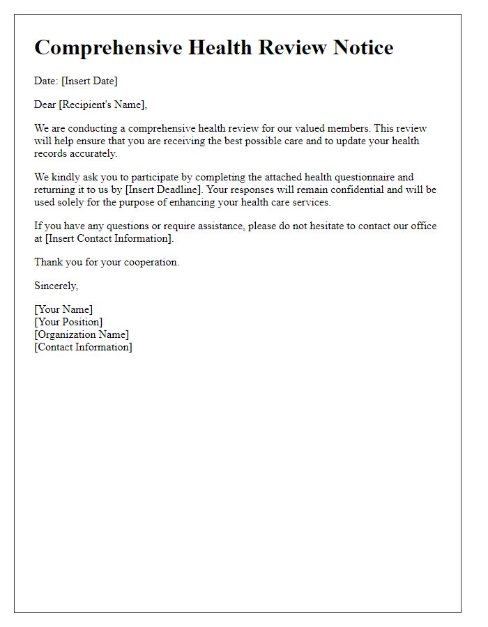 Letter template of comprehensive health review notice