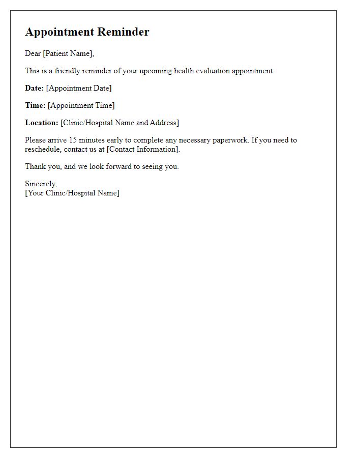 Letter template of health evaluation appointment reminder