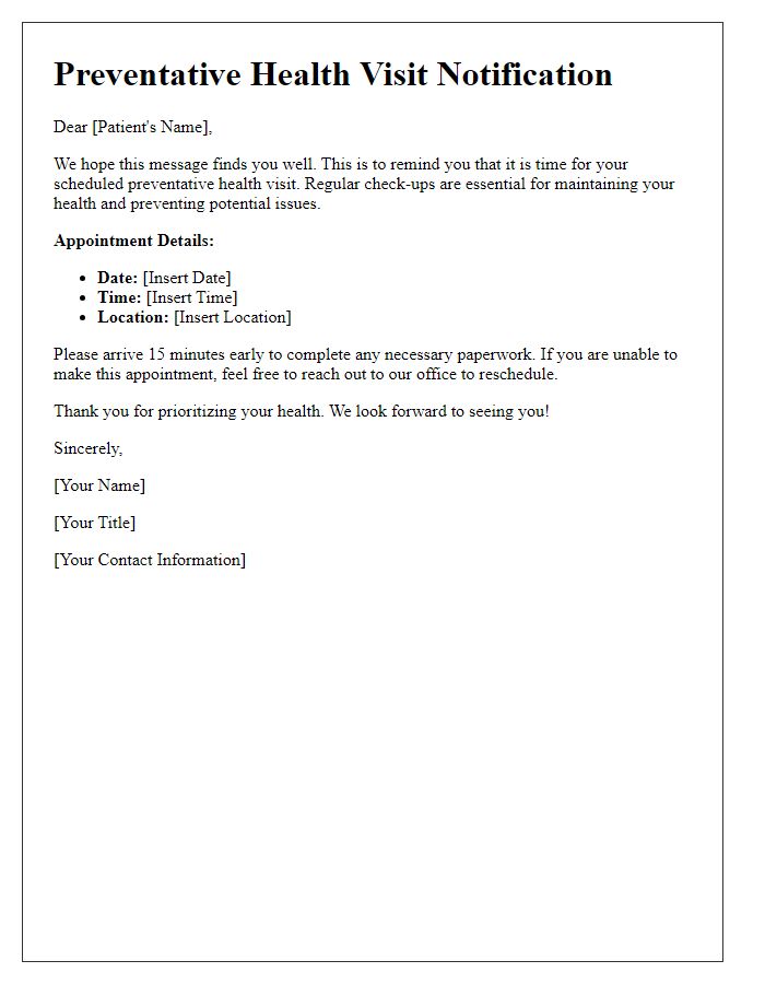 Letter template of preventative health visit notification