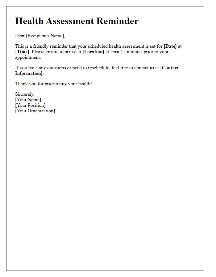 Letter template of scheduled health assessment reminder