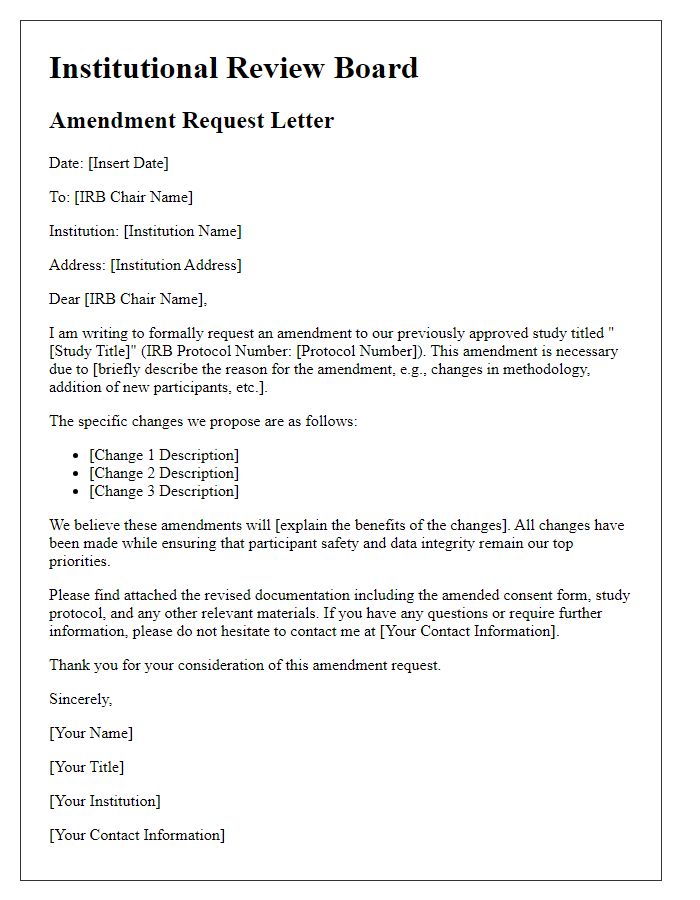 Letter template of amendment request for institutional review board submission