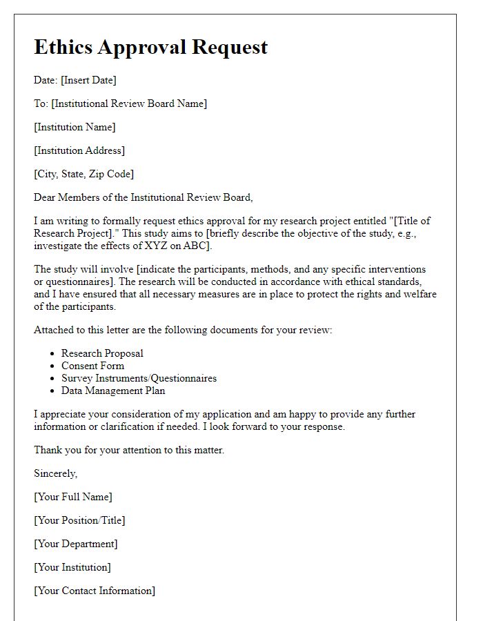 Letter template of ethics approval request for institutional review board submission