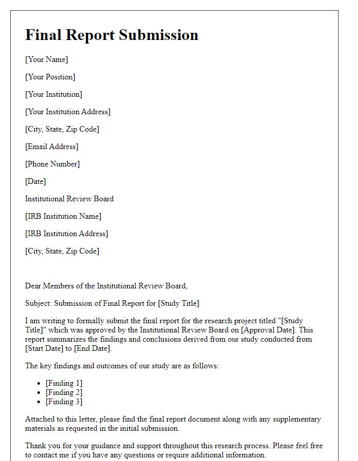 Letter template of final report submission for institutional review board