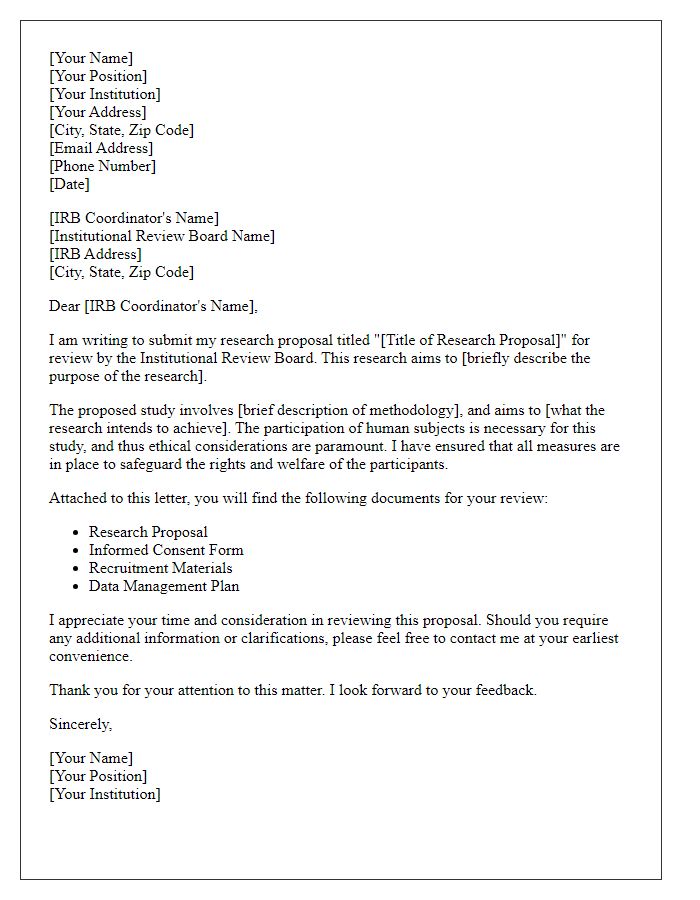 Letter template of research proposal for institutional review board submission