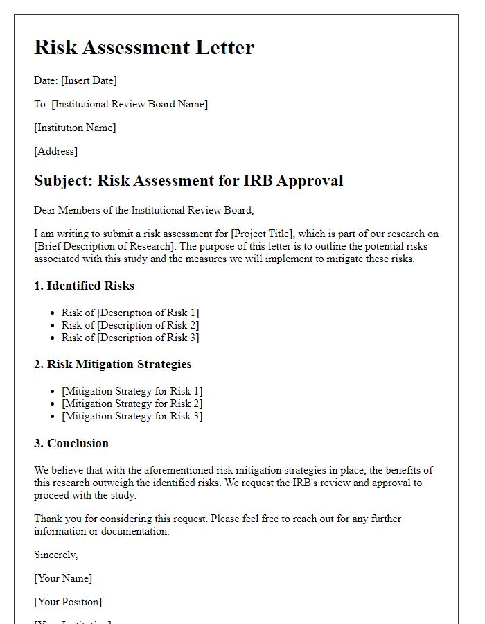 Letter template of risk assessment for institutional review board approval