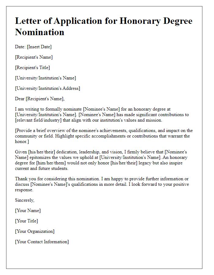 Letter template of application for honorary degree nomination