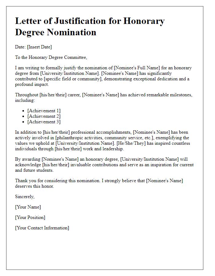 Letter template of justification for honorary degree nomination