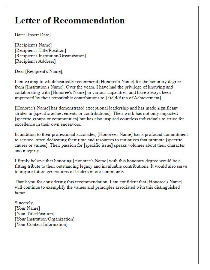 Letter template of recommendation for honorary degree recipient