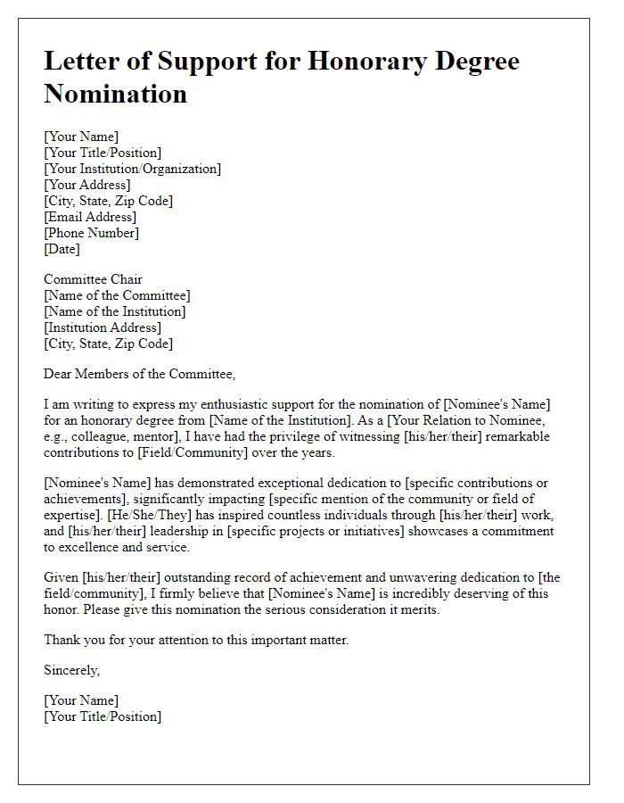 Letter template of support for honorary degree nomination