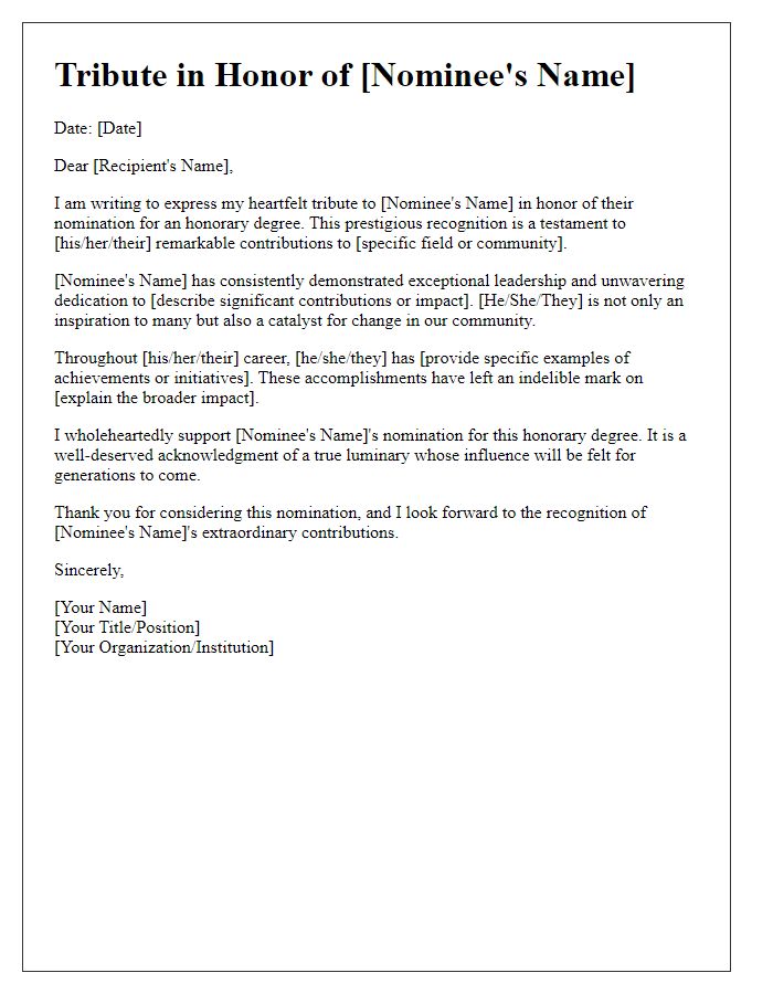 Letter template of tribute in honor of honorary degree nomination