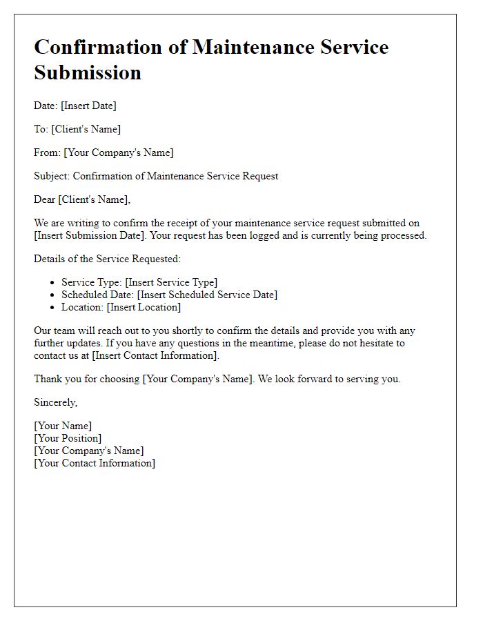 Letter template of Confirmation for Maintenance Service Submission