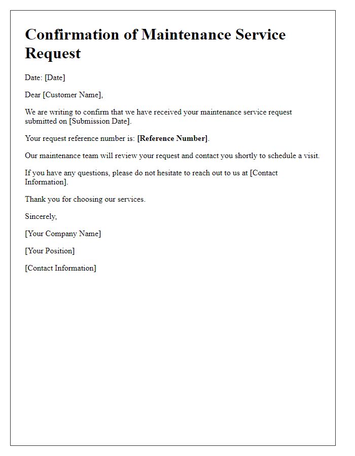 Letter template of Confirmation for Received Maintenance Service Request