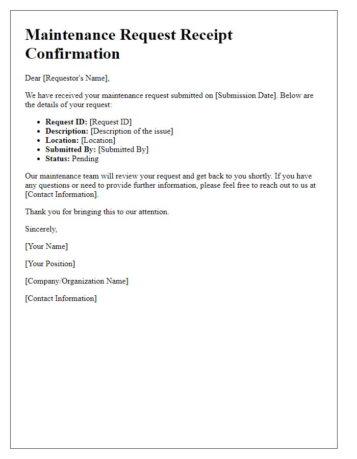 Letter template of Maintenance Request Receipt Confirmation