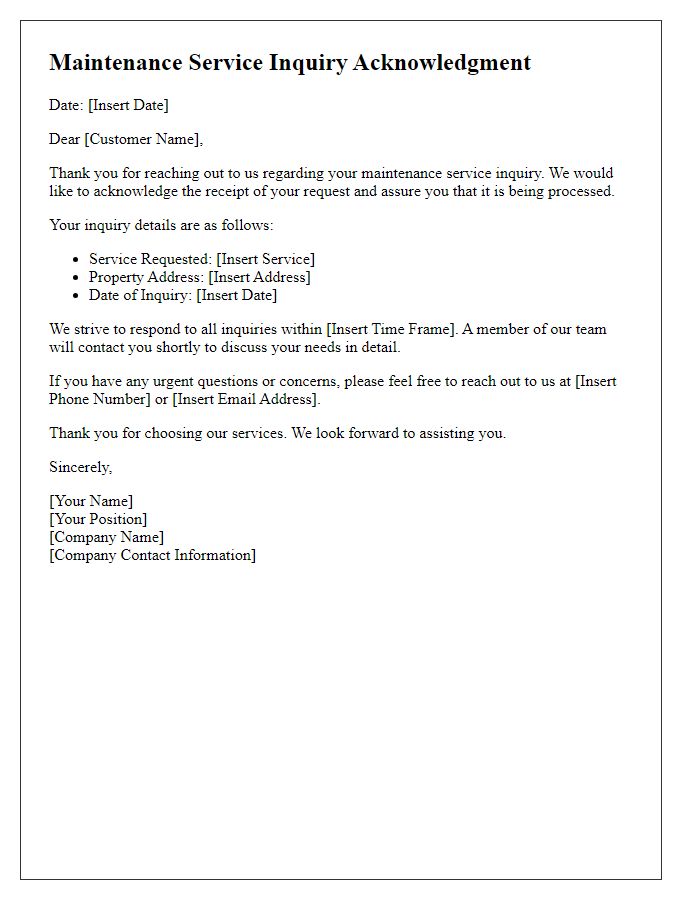 Letter template of Maintenance Service Inquiry Acknowledgment