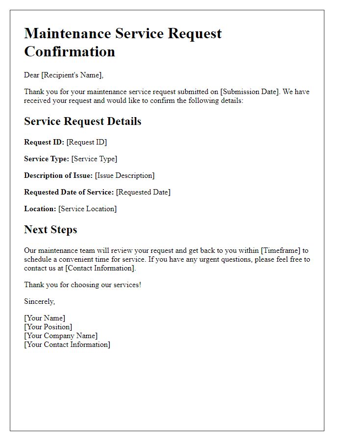 Letter template of Maintenance Service Request Confirmation