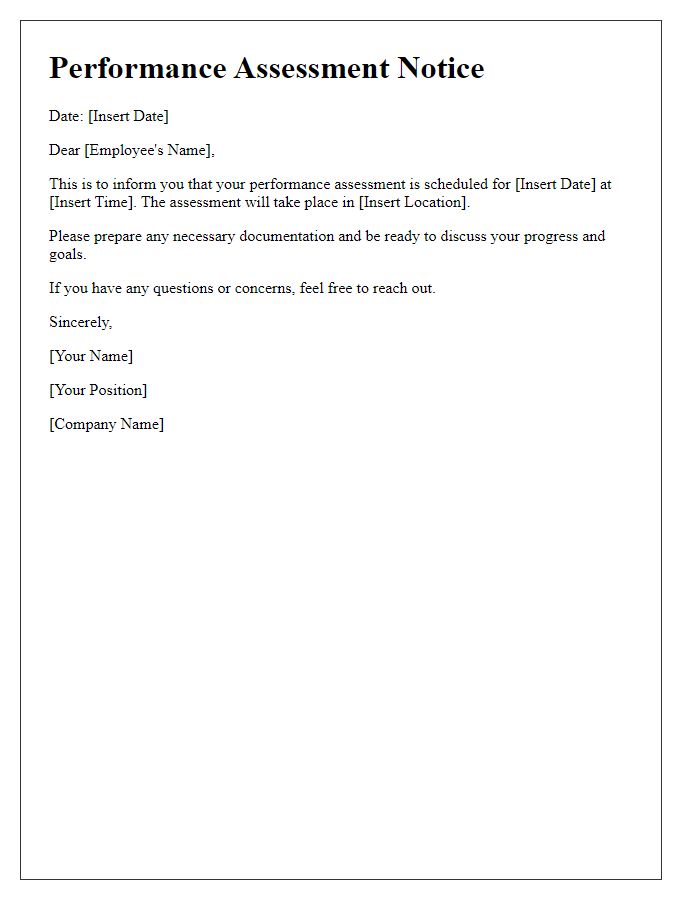 Letter template of calendar notice for performance assessment