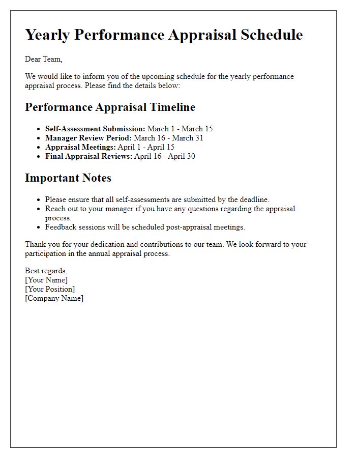 Letter template of schedule for yearly performance appraisal