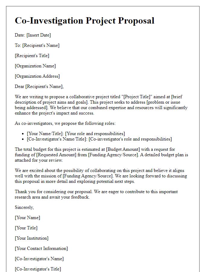 Letter template of co-investigation project proposal for grant applications