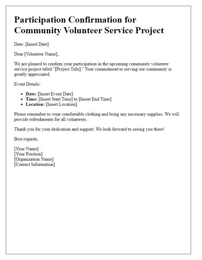 Letter template of participation confirmation for community volunteer service project