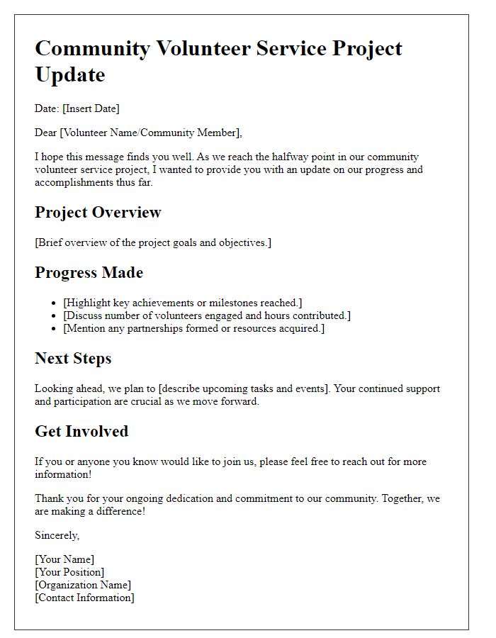 Letter template of progress update for community volunteer service project