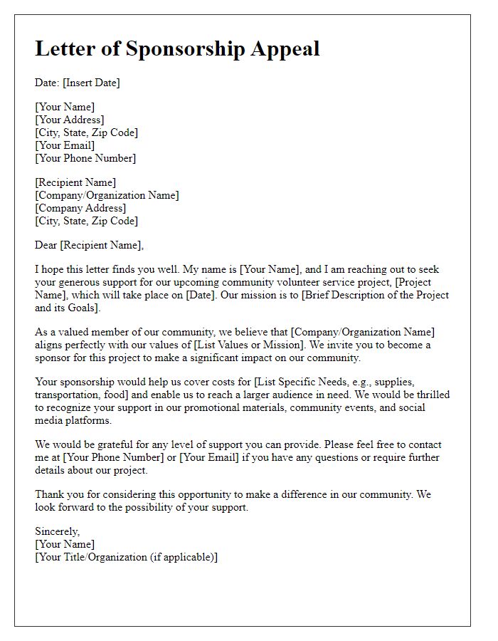 Letter template of sponsorship appeal for community volunteer service project