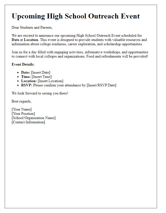 Letter template of announcement for upcoming high school outreach event