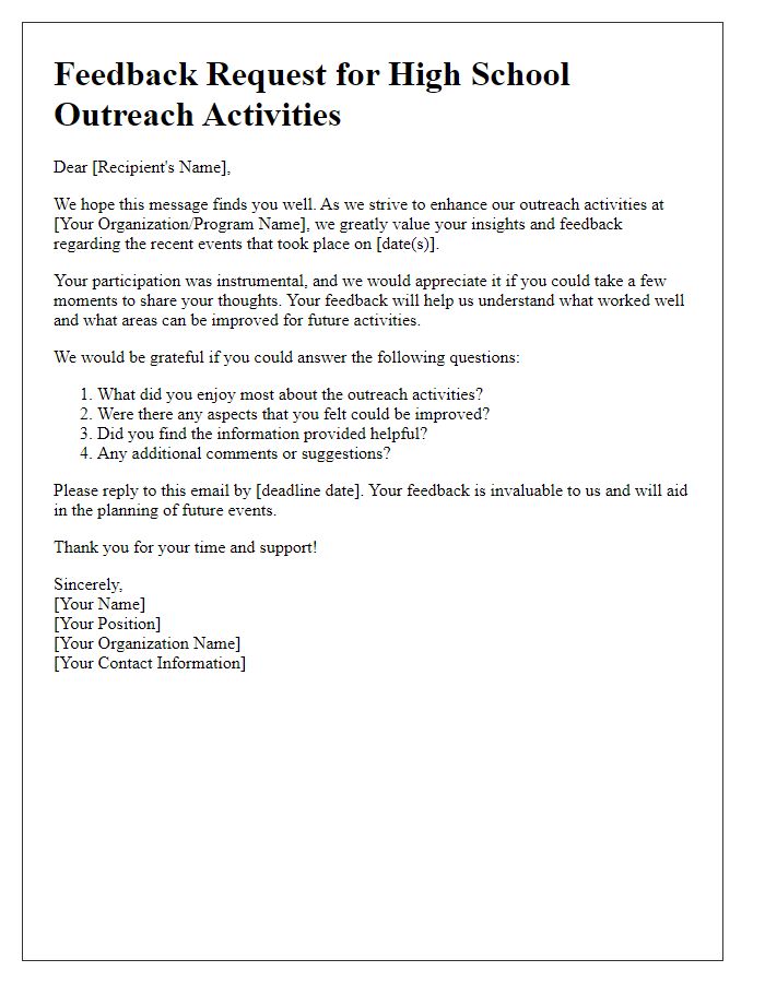 Letter template of feedback request for high school outreach activities