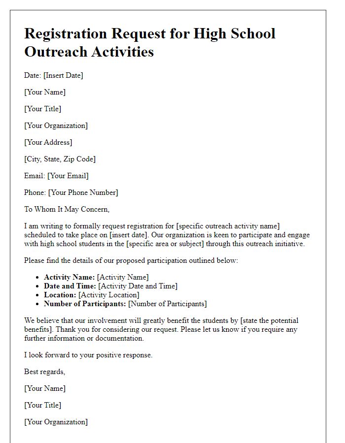 Letter template of registration request for high school outreach activities